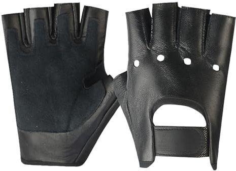 Long Keeper Fingerlose Echtes Leder Handschuhe für Herren,Motorrad Ungefütterte Half Finger Fahrhandschuhe (Schwarz)