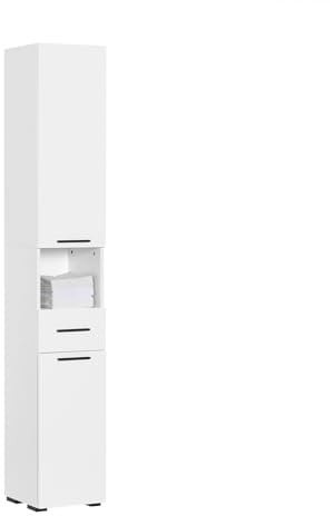 SoBuy Hochschrank mit 2 Türen und 6 Fächern Aufbewahrungsschrank für Bad Badezimmerschrank mit offenen Fächern schmaler Badschrank Weiß BHT ca. 30x182x31cm BZR166-W