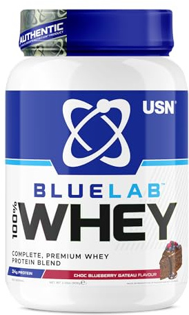 USN BlueLab 100% Whey Protein Powder 908g (26 Servings) - 24g Protein - Whey Isolate, Hydrolysate & Concentrate Blend - High Protein Shake for Muscle Growth & Recovery – Choc Blueberry Gateau