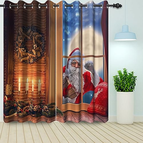 Tende oscuranti natalizie con Babbo Natale, per soggiorno e camera da letto, 2 pezzi, 46 x 90 cm, tema marrone, con candela, camino e bussare alla porta, decorazione per finestre per un'atmosfera