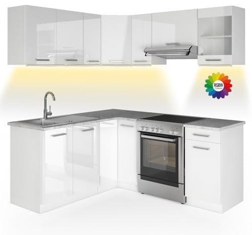 Vicco Eckküche Rick, Weiß, 167 x 60 cm, AP Marmor mit LED-Leisten
