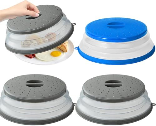 Lostwry Lot de 3 couvercles pliables pour micro-ondes - Couvercle anti-éclaboussures pour aliments - Avec passoire pour fruits et légumes - Gris + bleu
