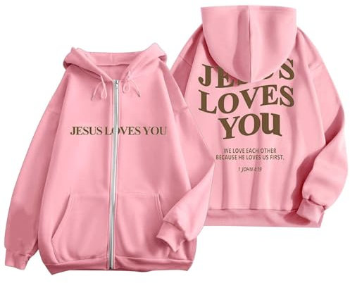 Topassion 2024 Jesus Loves You Kapuzenjacke Zip Up Kapuzenpullover mit Taschen Reißverschluss Christliches Sweatshirt Damen Kordelzug Hoodie Jacke Religious Pulli Hip Hop Streetwear(Pink,XXL)