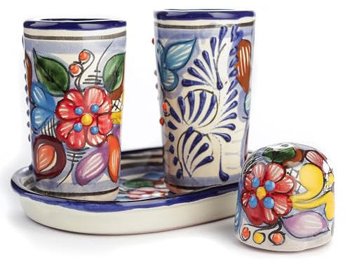 MEXTEQUIL Talavera Tequila Shot Glasses with Tray & Salt Shaker (Set of 2) - Hand-Painted Authentic Mexican Gift Set (Puebla)