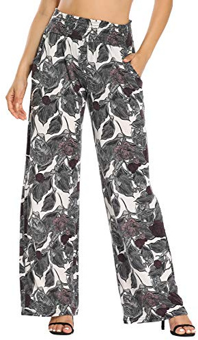 Damen Boho Gerade Beine Elastische Taille Palazzo Hose Freizeit Leichtes Yoga Loungehose mit Taschen