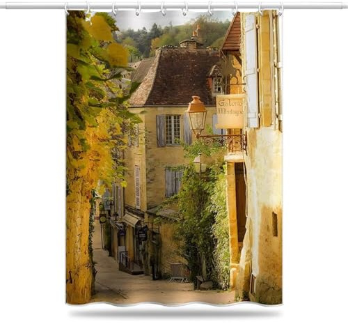 Rideau Douche 200x200 cm Anti Moisissure Rideaux de Douche Rétro Polyester Rideau Baignoire Paysage D'Allée Shower Curtain Lavable en Machine Imperméable Rideaux Salle de Bain avec Crochets (LB765)