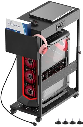 Tour d'ordinateur réglable avec prises de courant et chargement USB, support robuste pour PC roulant, support de processeur sous le bureau, pour boîtier ATX, PC de jeu, e-sport et bureau à domicile