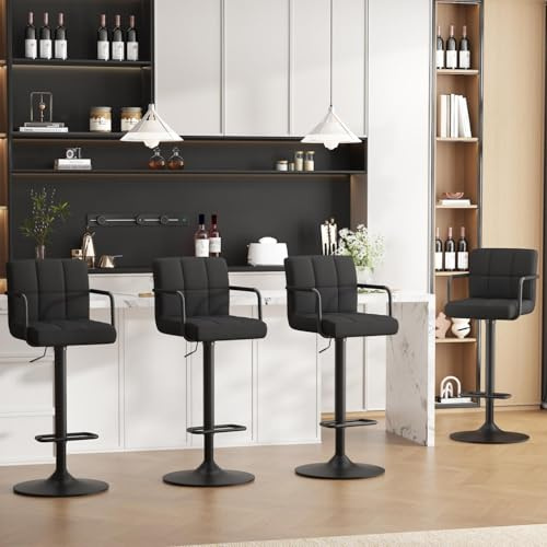Ckaff Barhocker 4er Set, Barstuhl höhenverstellbar aus Samt, 360°Drehstuhl Küchenstuhl mit Armlehnen, Rückenlehne und Fußstütze für Küche, Wohnzimmer, Esszimmer, Schwarz