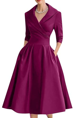OMZIN Mujeres Envuelva V Cuello 3/4 Manga Vestido Elegante Ajuste Y Flare Fiesta Cóctel Vestido De Trabajo con Bolsillos