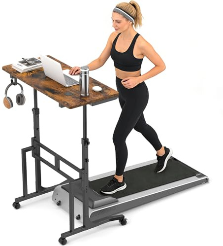 ikkle Standing Desk with Wheels, 34 Inch Height Adjustable Treadmill Training Table, Mobile Sit Stand Up Desk, Rolling Desks Computer Table for Indoor Cycling Trainers, Treadmill, Walking pad (Brown)