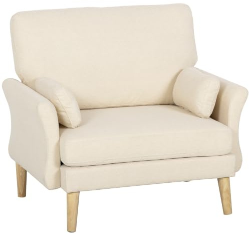 HOMCOM Sessel mit 83 cm Schneidersitz, Armlehnen, Kissen, Holzbeinen, Creme | Loungesessel, Polstersessel mit Samtoptik, Dicker Polsterung Relaxsessel, Wohnzimmer, Schlafzimmer