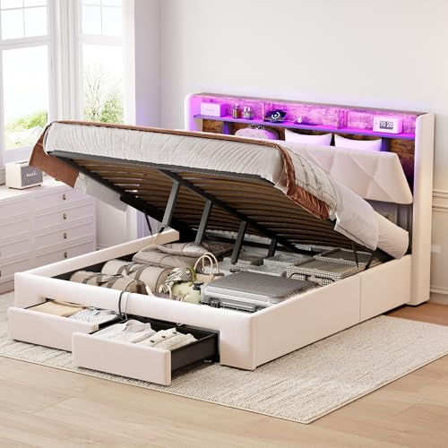 Jtyca King Size Bed Frame, 5FT Ottoman Bed with 2 Drawers & Concealed Headboard Storage & Hydraulic, Upholstered Bed with-LED-Lighting, USB-&-Type-C, Velvet, Beige, 150x200cm (No Mattress)