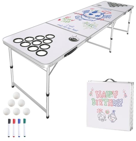 VEVOR 8 Foot Portable Beer Pong Table, Folding Tailgate Table, Cup Holes, Dry Erase Markers and Carrying Handles, Adjustable Height, Lightweight Table for Office, Tailgate Party & Camping, White