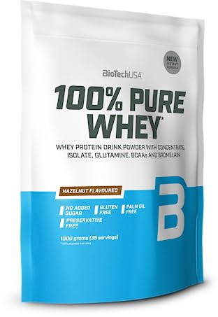 BioTechUSA 100% Pure Whey | Proteinpulver mit BCAA und Glutamin | Glutenfrei, Palmölfrei | 21g Protein pro Portion, 1 kg, Haselnuss