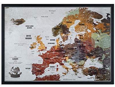 Europakarte Pinnwand mit Stecknadeln Bonus 100 Pins, Abenteuer Karte mit Rahmen, Personalisierte Karten mit Originalfarben, Hergestellt in der EU, 53x3x43 cm, Die Karte ist gebrauchsfertig