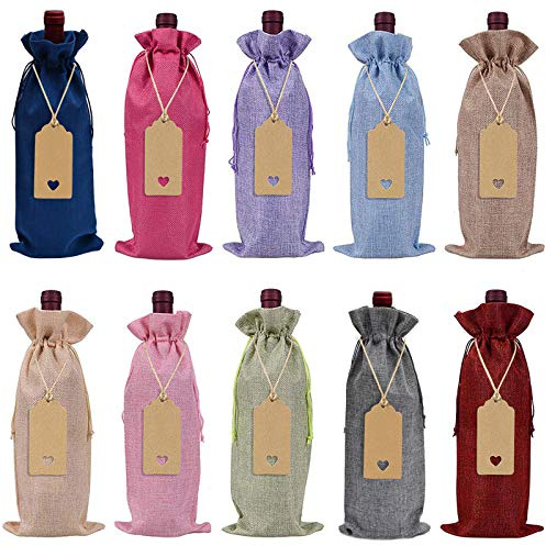 rismart Christmas Decoration Tree Linen Wine Bottles Bag with Drawstring, Reusable Wine Bottle Covers Multi Colors