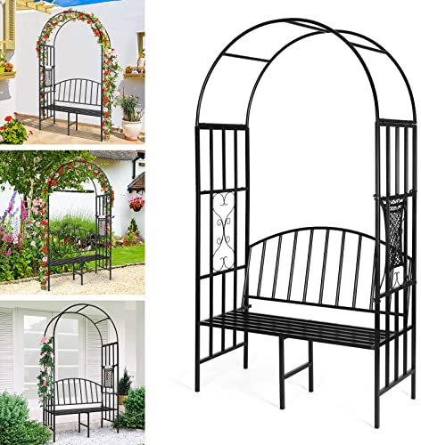 Arche de jardin avec banc robuste (peut supporter 250 kg) | Arche de jardin en métal pour plantes grimpantes et banc de siège pour deux personnes | Décoration de jardin extérieur 205,7 x 115,1 x 50,8