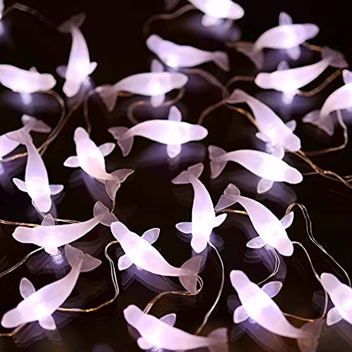 Ocean Theme White Beluga Whale Fairy String Lights, Nautical Décor Cute Dolphin Decorative Lights Sea Canaries USB Operated 30 LEDs 10ft for Bedroom Classroom Tent Christmas Tree Ornaments