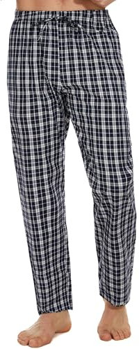 Litherday Pantaloni Pigiama Uomo 100% Cotone a Quadri, Pantaloni Lunghi da Notte Invernali con Tasche Laterali, Comodi per Casa e Pigiameria Uomo Blu Scuro Bianco XXL
