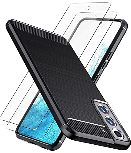 Natbok Coque pour Samsung Galaxy S22 & 2 Pièces Verre Trempé,Premium TPU Souple & Fibre de Carbone Housse Samsung S22 Antichoc Etui de Protection Galaxy S22,Noir