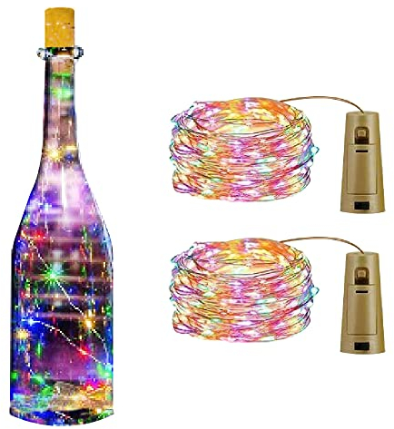 2M 20 LED Multicolored Copper Bottle String Lights Battery Operated Fairy Wine Cork Shaped Christmas Decor LED Lights (2), Multi-colored