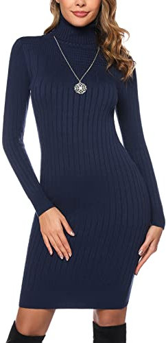 Irevial Robe Pull Hiver Col Roulé Robe Pull Femme Chic Élégant Sexy Moulante Robe en Tricot à Manches Longues Automne Hiver pour Fête Bureau Décontracté Bleu Marine，M
