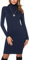 Irevial Robe Pull Hiver Col Roulé Robe Pull Femme Chic Élégant Sexy Moulante Robe en Tricot à Manches Longues Automne Hiver pour Fête Bureau Décontracté Bleu Marine，M