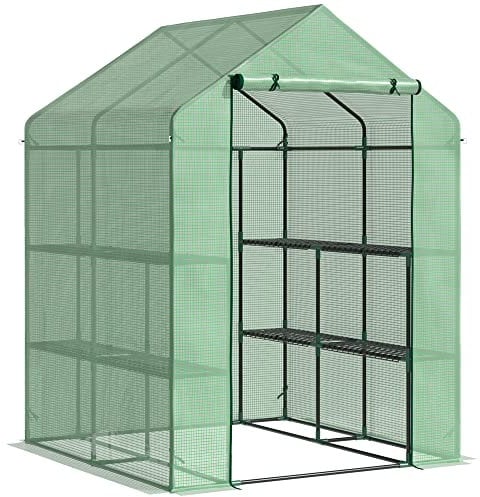 Outsunny Walk in Greenhouse with Shelves Steeple Green House for Garden Grow House Removable Cover 143x138x190cm, Green