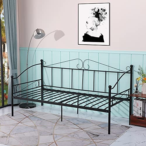 H.J WeDoo Bettrahmen Metallbett Bettsofa Tagesbett Gästebett mit Lattenrost für Schlafzimmer Wohnzimmer passend für 90 * 200 cm Matratze, Schwarz