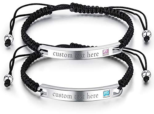 JewelryWe Personalisiert Paar Armband Lederarmband: 2pcs geflochten Leder Edelstahl Partnerarmband Freundschaftsarmband mit Gravur Zirkonia Verstellbar Armreif Geschenk für Sie und ihn Schwarz Silber