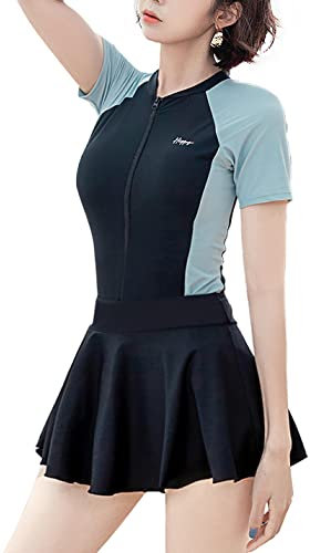 Sukany Ladies One Piece Swimsuit Zip Up Colorblock Short Sleeved Windproof Swimwear with Skirt Black L