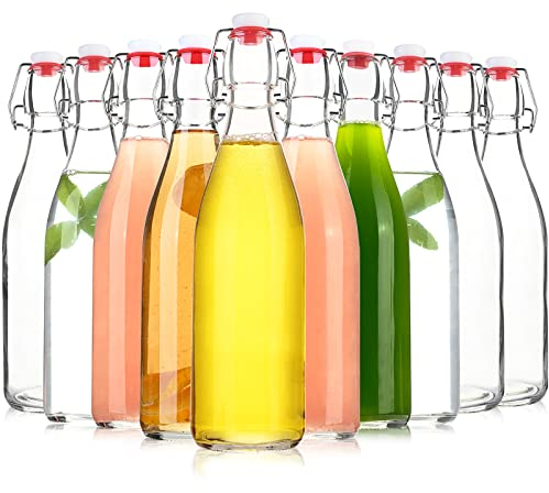 KITGLASCUP Frascos de Vidrio con Tapa Abatible, Botella de Vidrio Transparente, Paquete de 10 Botellas de Cerveza de 16 Onzas con Tapas Herméticas, Kombucha Casera y Fermentación, Extracto de