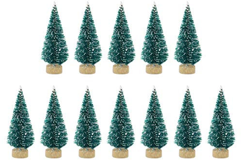 12-Piece Sisal Snow Frost Trees, Trees with Wooden Base, Bottle Brush Trees, Decoration Tiny Trees for Crafts, Gold Silver Blue Green Gold White