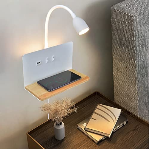 Blanco Lámpara de pared Junto a La Cama con Cargador Inalámbrico y puerto USB, Apliques Pared con Cable de Enchufe La Lámpara de Lectura de Montaje en Pared con 360° Cuello Ganso 3 Colores Regulable