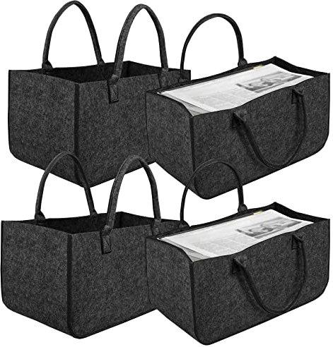 Yznahre Filztaschen, 4 Stück Faltbar Filztasche Kaminholz Kaminholztasche Filz, Filzkorb Filztaschen Shopper Groß mit Verstärkten Griffen für kaminholz Holz Zeitungen - Anthrazit (TYP A)