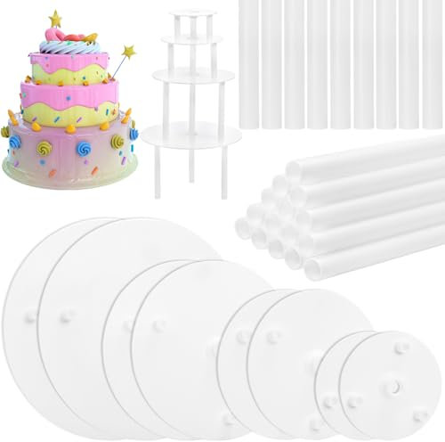 ZEAYEA 24 Pieces Cake Dowel Rods with 8 Pieces Cake Separator Plates for 4, 6, 8, 10 Inch 4 Tiered Cakes, Plastic Cake Sticks Support Rods and Cake Boards for Cake Construction and Stacking
