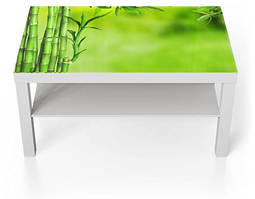 DEQORI Mesa de cristal | blanco grande 90 x 50 cm | diseño de pajitas de bambú verdes | elegante mesa auxiliar de cristal | mesa de centro brillante para el salón | moderna mesa de sofá con diseño