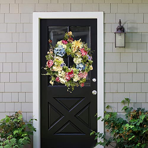 SPORTARC Door Wreath, Spring Summer Wreath for Front Door Outdoor,Large Artificial Wreaths With Rose Hydrangea Berries for Home Garden Party Wedding Decoration