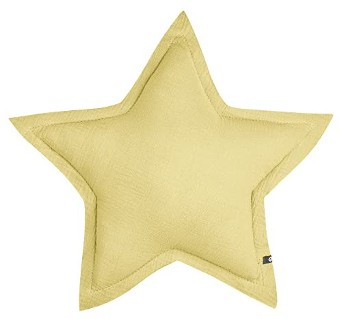 von Herzen Handmade Musselinkissen aus 100% Baumwolle I Kinderkissen I Dekokissen aus Musselin in Sternform I Sternkissen für Kinderzimmer & Bett I Handgenähtes Kissen mit Watte gefüllt (Pastellgelb)