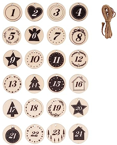 Rayher Adventskalenderzahlen Holz, runde Holz-Anhänger, 4 cm ø, mit Zahlen 1 – 24, mit weihnachtlichen Motiven verziert, 24 Stück + Jutekordel, Zahlen für Adventskalender, 46715000