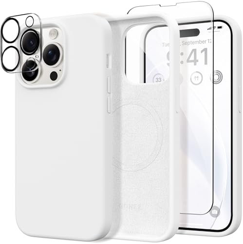 GONEZ Magnetic for iPhone 14 Pro Max Case [3 in 1], Compatible with Magsafe, with 1X Screen Protector + 1X Camera Lens Protector, Liquid Silicone Shockproof 14 Pro Max Case, White