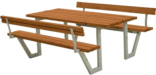 kaiserkraft | Gruppensitzbank für 6 Personen | Länge 1770 mm | Nadelholz | teakfarben | mit Lehne