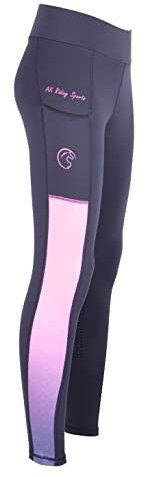 AK Rainbow Pull on High Waisted Breathable Horse Riding Tights/Leggings/Breeches with Full seat Silicon Grip AKRS 6058 (L, Navy/Pink)