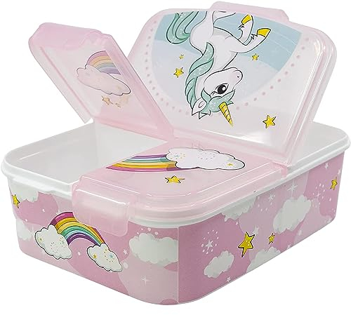 CARTOON Portamerenda multiscomparto in plastica riutilizzabile Unicorno, contenitore per il pranzo tre scomparti scuola tempo libero