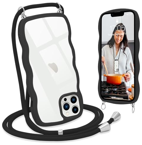 L-FADNUT Handykette für iPhone 13 Pro Max Hülle mit Band, Silikon Wellen Rahmenform Handyhülle mit Kordel zum Umhängen, Transparent Schutzhülle Case für iPhone 13 Pro Max, Schwarz