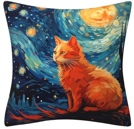 DILOXNSU Cat Gifts Cushion Covers Orange Cat Oil painting Night Sky Velvet Square Double Sided Printing Decorative Pillows Cover for Sofa Bed Home Garden Cushions Covers 45 x 45 cm 18 x 18 inch