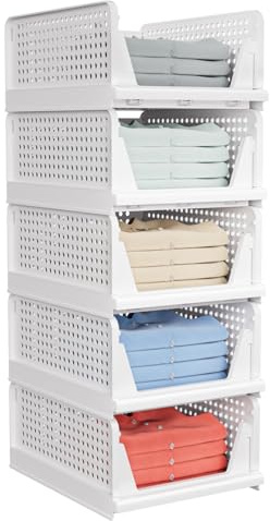 5 Pack Stackable Closet Storage Basket - Stackable Storage Bins, Multifunctional & Foldable Closet Organizer Waterproof, Wardrobe Cupboard Space-Saving Hat Storage Drawer Organizer, White