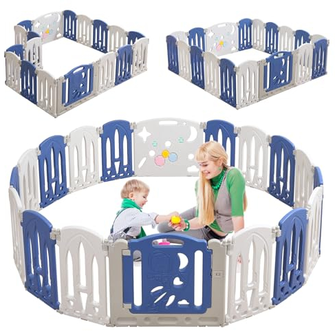 XINZI Laufgitter Baby Laufstall Faltbar Kinderzaun 18 Paneele Kunststoff Spielzaun Babyzaun mit Tür und Spielzeugboard Groß Krabbelgitter Sicherheitszaun Absperrgitter für Kinder, Weiß + Blau