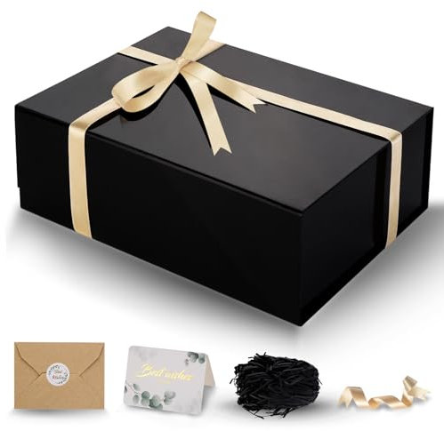 DUOTAN Große Geschenkbox mit Deckel, 34,8 x 25,4 x 8,9 cm, schwarz, magnetische Geschenkbox für Geschenke mit Karte, Band, Füller, Faltschachteln aus Papier für Geburtstag, Hochzeit, Weihnachten
