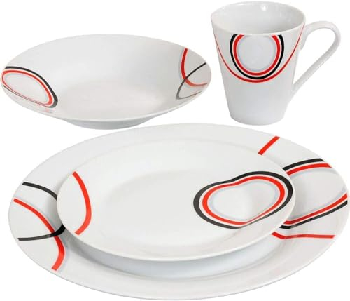 16pc Dinnerware Set - 4 Porcelain with 4 Bowls, 4 Mugs, 4 Side Plates and 4 Dinner Plates - Microwave and Dishwasher Safe - Cereal Bowls, Desserts, Lunch (Red and Black)